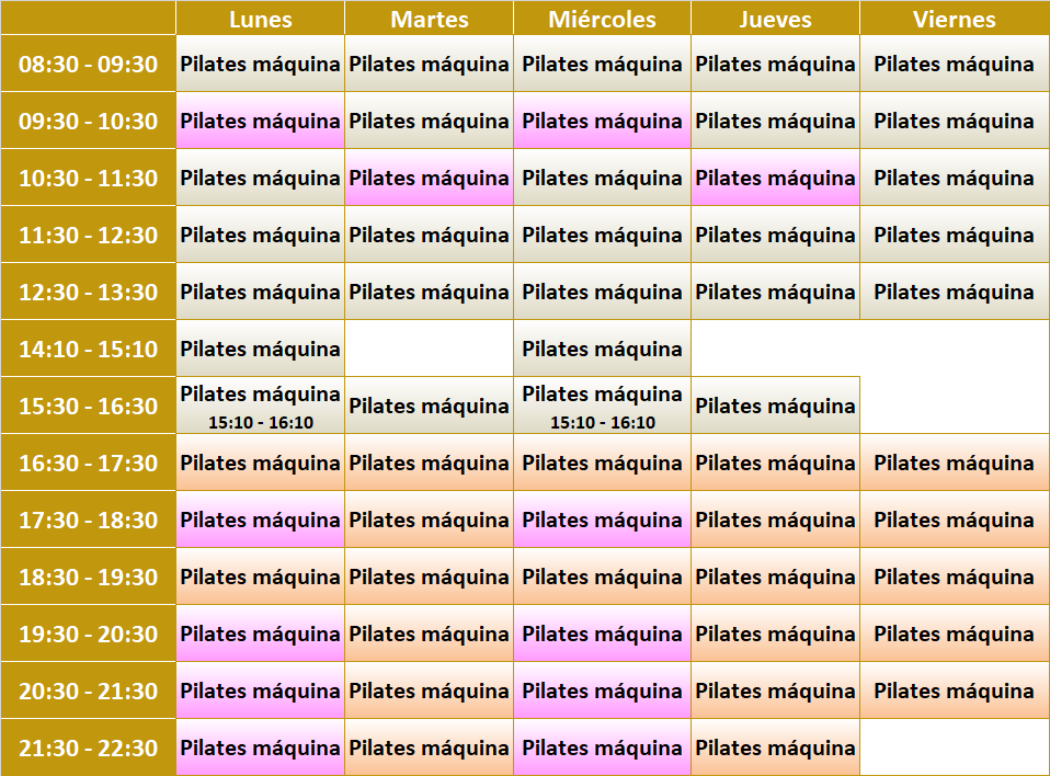 Tabla de horarios de Pilates mquina en Salud para Todos Parla